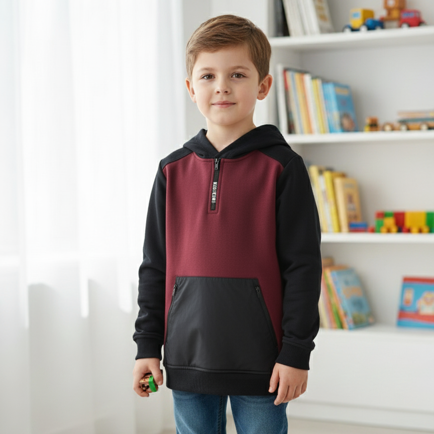 Maroon Quarter Zipper Boy's Fleece Hoodie PO-14